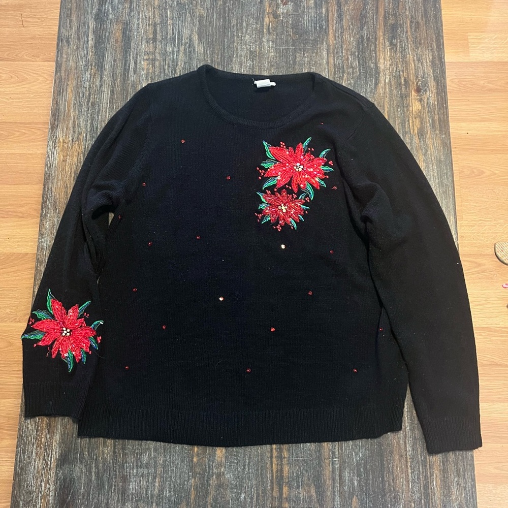 Vintage Elegant Black Sweater with Red Floral Embroidery and Sequins.